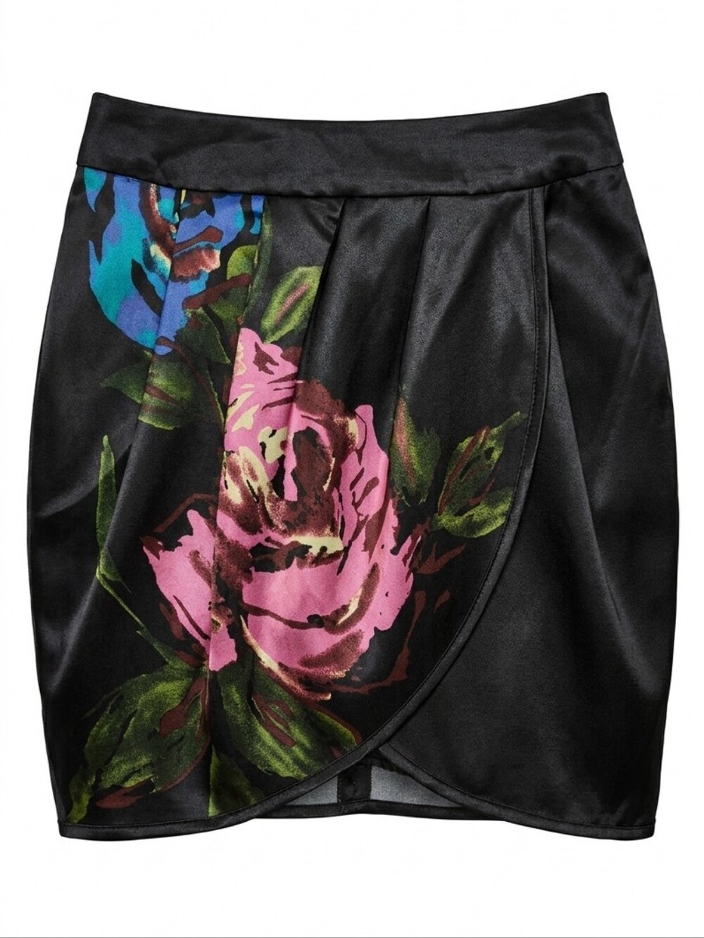 Forever 21 Floral Satin Faux Wrap Mini Skirt Black Size Small Pink Rose Pleated